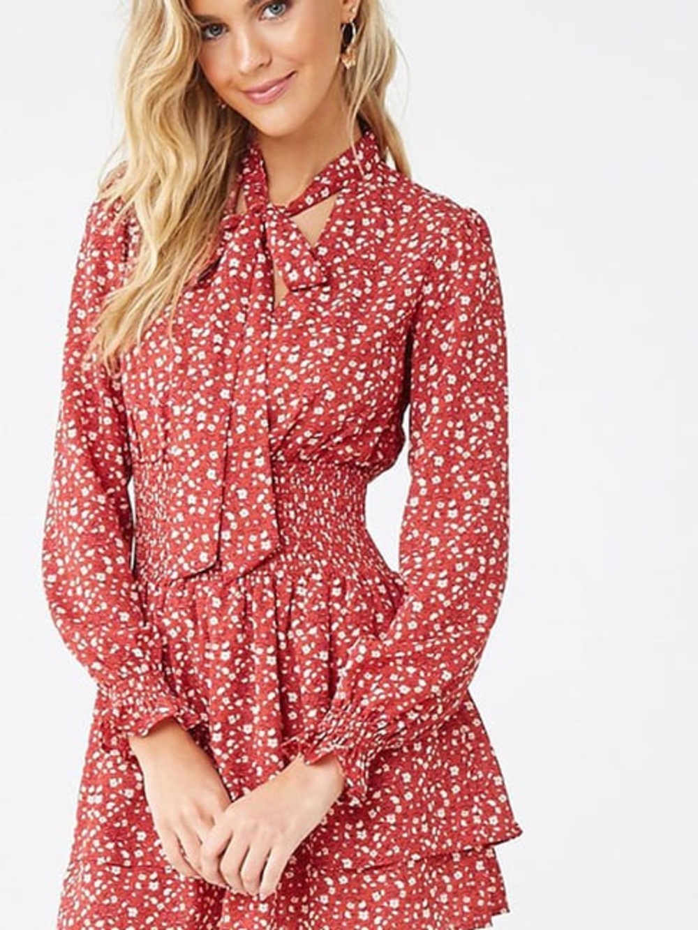 Forever 21 Rust Red Floral Tie-Neck Long Sleeve Dress